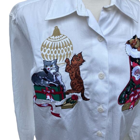 VTG Rafaella Shirt Sz L Cute Cats Holiday Christmas White Embroidered Button Up - Picture 2 of 13